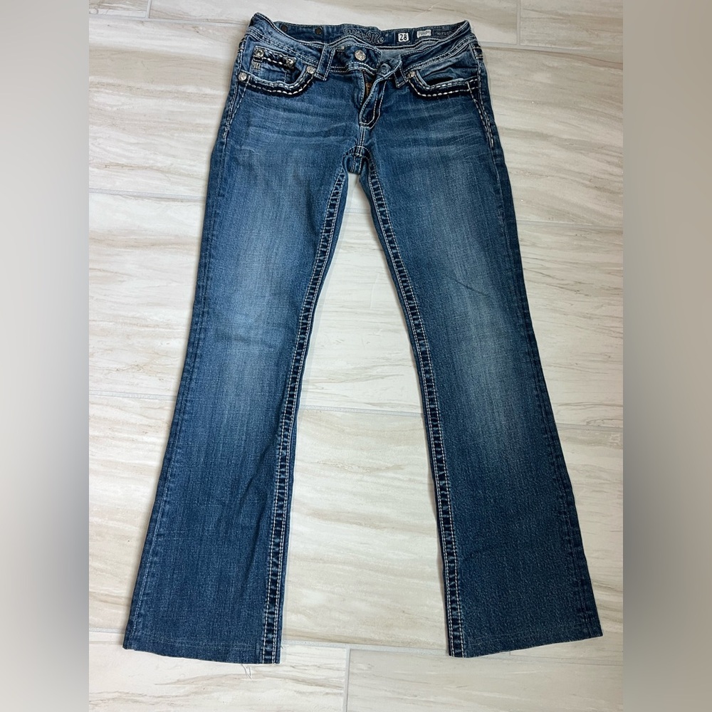 Miss Me Blue Flare Jeans stitch pockets size 28